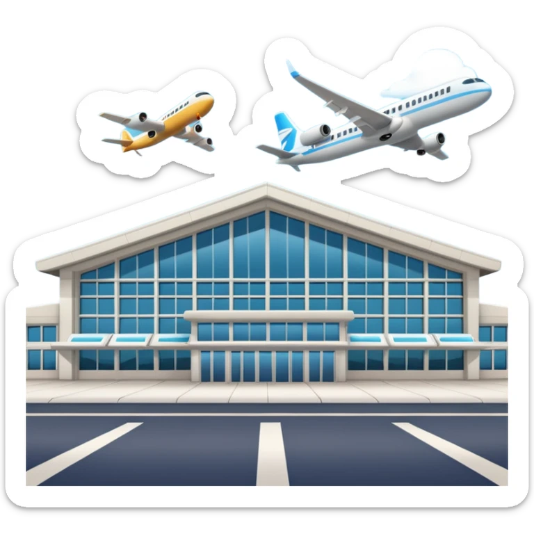 A 3D cartoon airport terminal building with glass windows and airplanes nearby, clean lighting, Memoji-style rendering. sticker