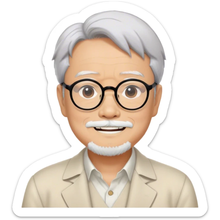 ​Cinematic Realistic Portrait of Hayao Miyazaki, depicted with defined black eyebrows, and large rectangular glasses, his happy expression rendered in lifelike detail, illuminated with soft, realistic lighting that emphasizes his creative genius, sticker