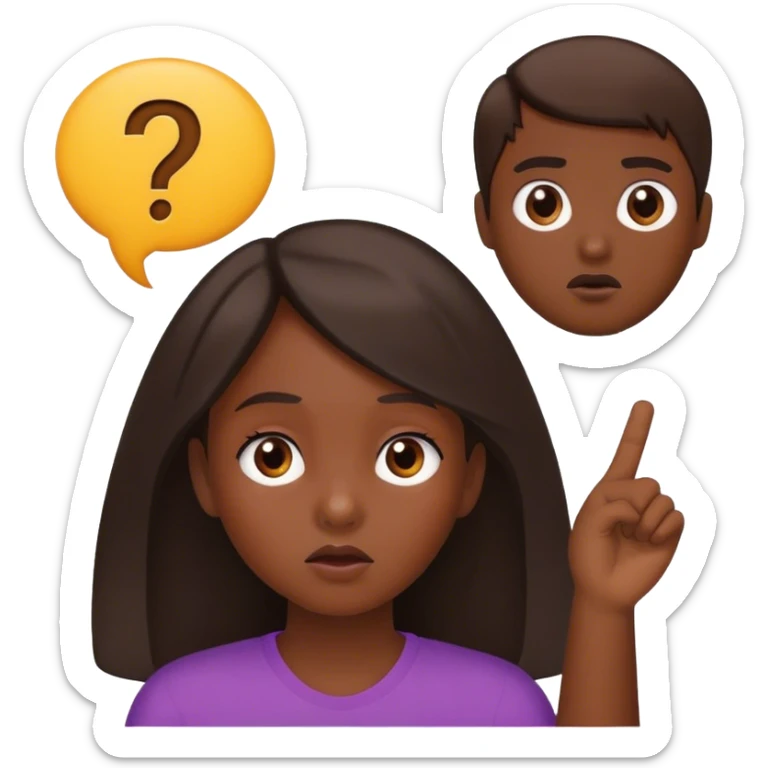 a young girl with dark skin in the middle of two men, looking indecisive, with a question mark over her head sticker