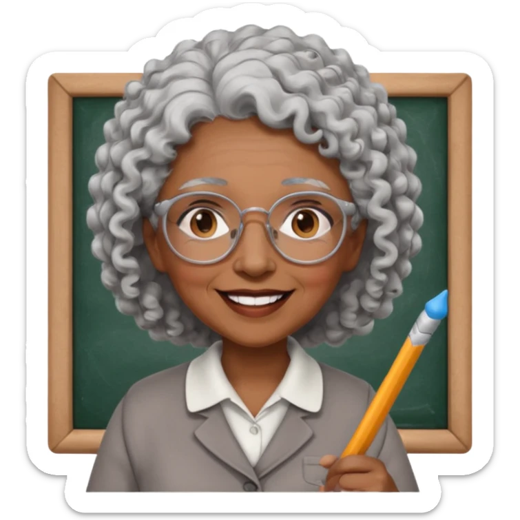 old woman teacher, brown skin, curly grey white hai, wearing glasses, hold chalk on hand sticker