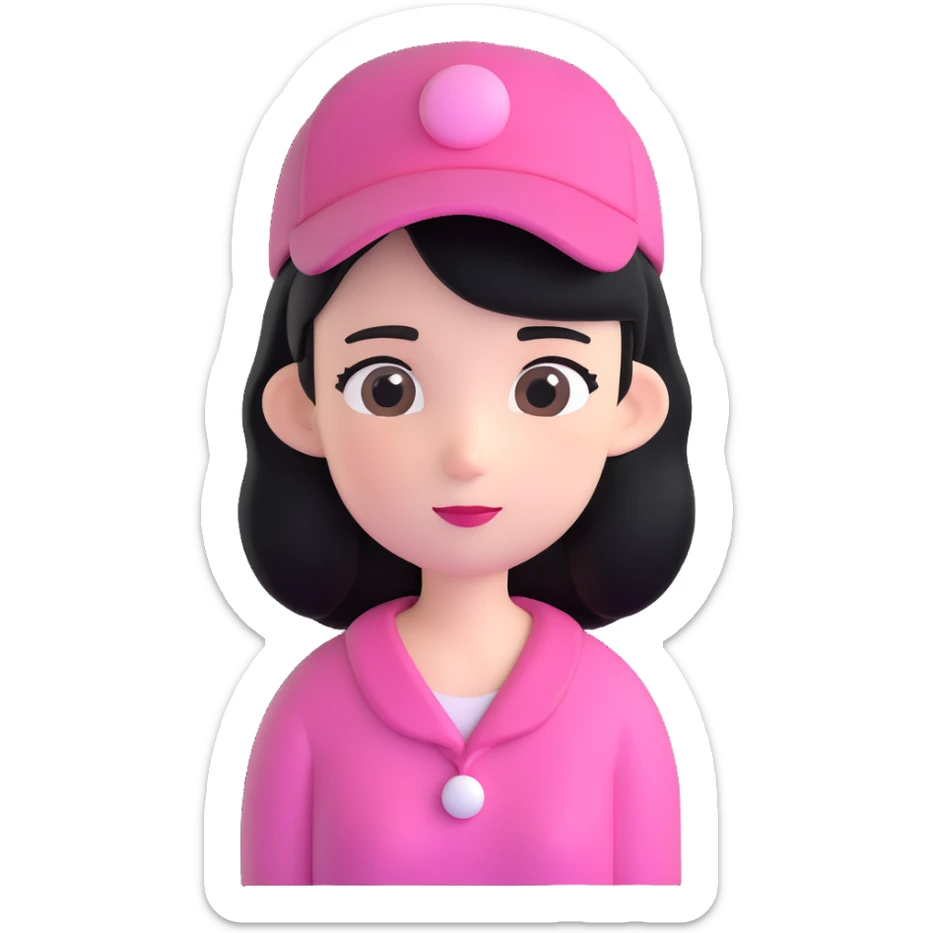 Redraw the character in 3D Disney style with the same pink hat, black hair, and gentle expression. Maintain a transparent background. sticker