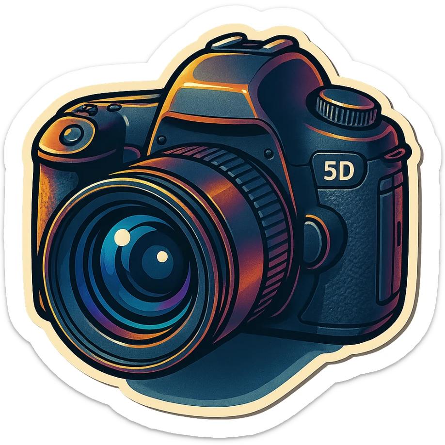 retro sticker style drawing of a professional DSLR camera similar to Canon 5D Mark III, thick outlines, dramatic shadows, shiny highlights, dimensional vibrant camera sticker