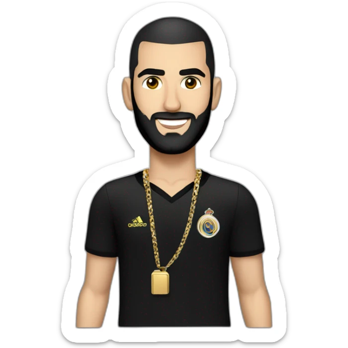 Karim Benzema with black hair wearing gold chain and black shirt sticker