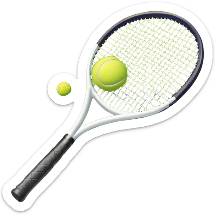 A tennis racket and ball positioned on a grass court, with the net and lines clearly visible in the background. The scene emphasizes the classic elements of the sport, capturing the energy and precision of a tennis match. sticker
