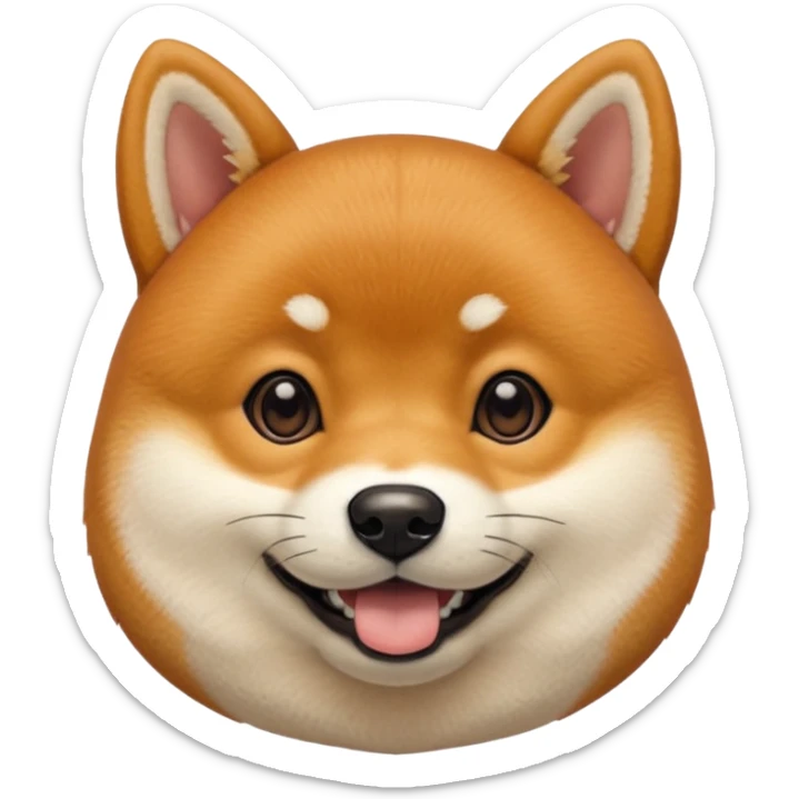 Head of a Shiba Inu dog, in orange-brown fur with white muzzle and cheeks, round face, big black eyes, perky ears, grinning with closed mouth, no tongue, front-facing, glossy texture, soft shadows
 sticker