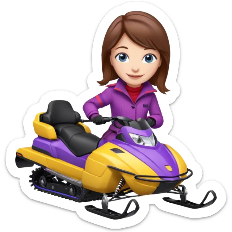 Brown hair, very blue eyes, Woman wearing a red coat  on purple and yellow striped snowmobile sticker