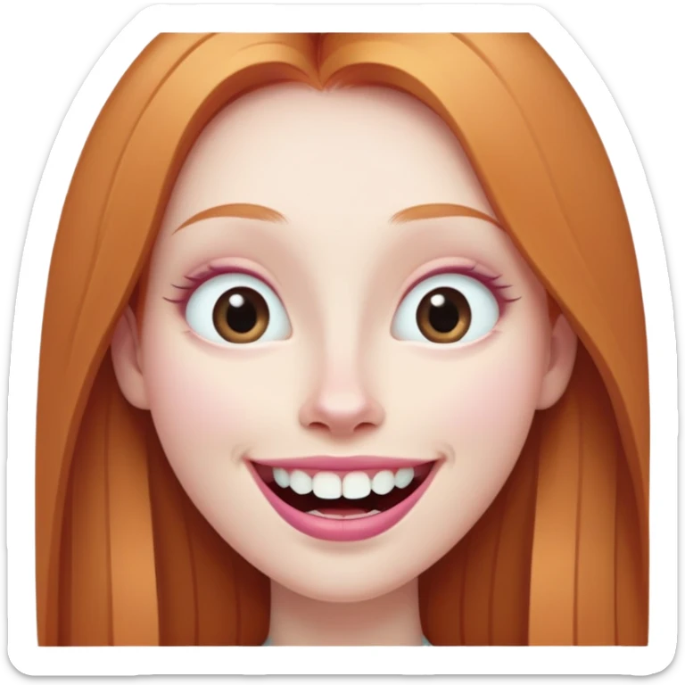 traditional emoji of young girl with very pale skin, long straight muted ginger hair, elongated oval face, bigger human-like eyes positioned close together, wide nose, full pink lips with a big smile showing extremely large and prominent teeth, less intense expression sticker