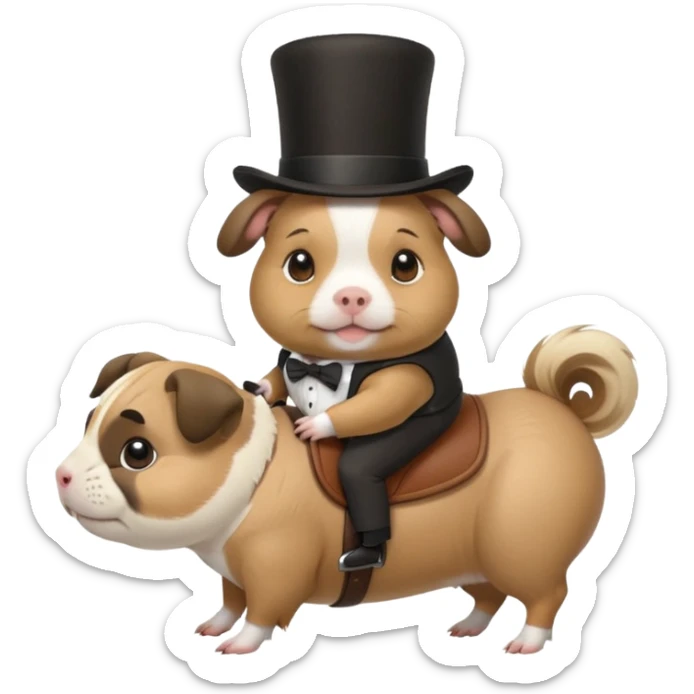 a cute guinea pig wearing a top hat riding on the back of a pug dog sticker