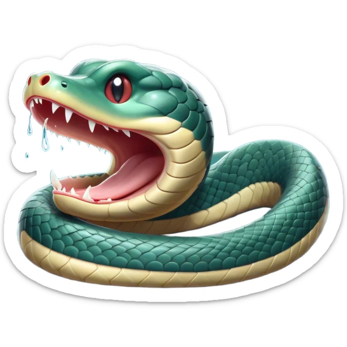 Cinematic Cute Yawning Chinese Water Snake Portrait Emoji, Head tilted slightly with a dramatic, wide-open yawn, showcasing a soft, glossy scaled body with gently drooping edges and half-closed, drowsy eyes, Simplified yet irresistibly adorable features, highly detailed, glowing with a soft, cozy aquatic glow, high shine, relaxed yet expressive, stylized with a dash of waterborn charm, soft glowing outline, capturing the essence of a sleepy yet affectionate water snake that seems ready to stretch out and rest in its watery domain! sticker