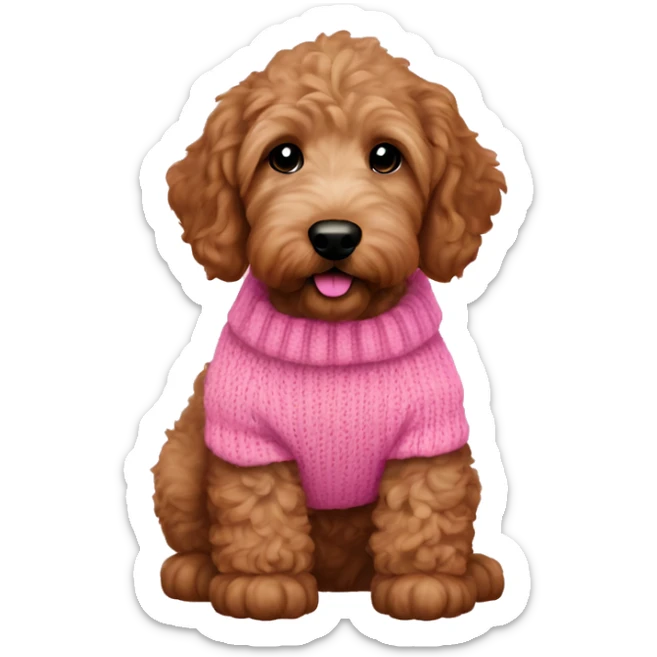 Little brown golden doodle puppy wearing a pink sweater sticker