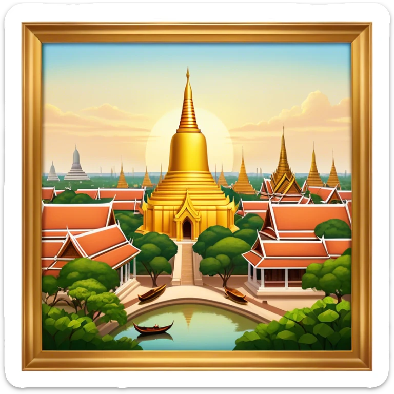 ​Cinematic Realistic Nakhon Pathom, Thailand, depicted as a historic cityscape dominated by the iconic Phra Pathom Chedi, surrounded by lush gardens, bustling local markets, and traditional Thai architecture, bathed in warm golden light and rendered with rich textures that capture its cultural and historical significance, sticker