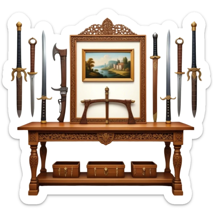 Icon for Antiques Collecting: vintage intricately carved furniture, famous paintings, antique swords, and rifles. The items are displayed on a wooden table or shelf. The icon should evoke the rich history and craftsmanship of antique collecting. Transparent background. sticker