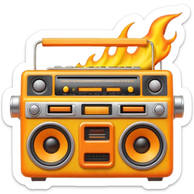 A cute 3D emoji of a retro boombox speaker with a funny shocked face, melting into orange and yellow flames, vibrant "fire" colors, high-end 3D render, white background. (This is a recreation of the fire emoji) sticker