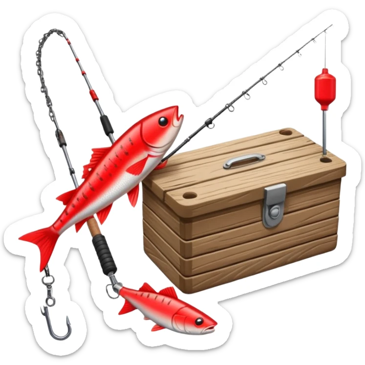 A fishing rod with reel and line neatly coiled beside a bait box.

 sticker