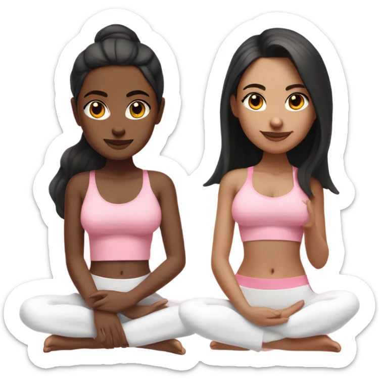 A girl with white skin tone, brown eyes and black long hair,  is sitting in a lotus position in a pink bra top and short white skirts sticker