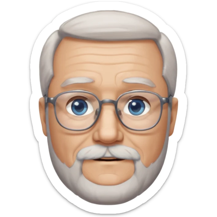 Create me an emoji of an old man. Gray really short size hair. Gray follow-up full beard. Squarer Glasses. Blue eyes. Little smile sticker