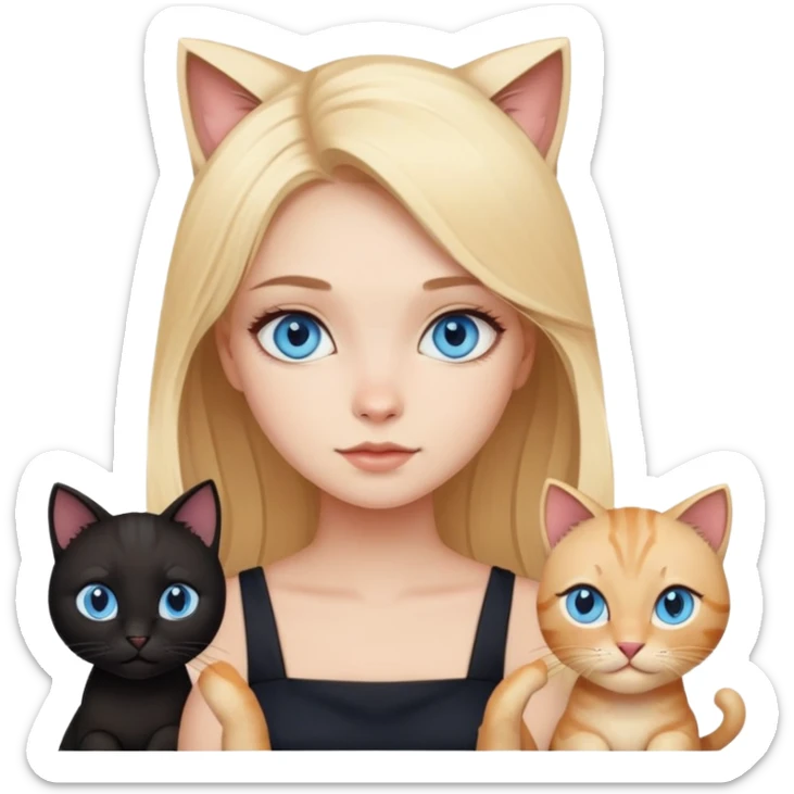 blonde girl with blue eyes astrology in black dress with different cats sticker