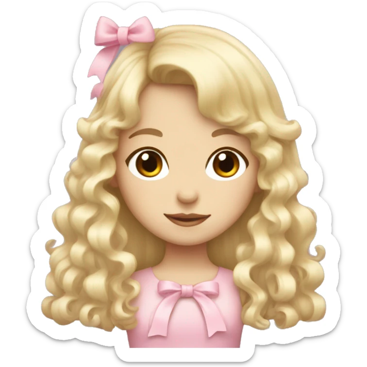 Blonde, pale girl with bangs and curly, long hair with pink bows  sticker