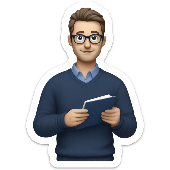 caucasian white man with dark hair, blue glasses, and carrying design plan because he is an architect carrying a pencil and a set model maquette. wearing a navy blue long sleeve sweater shirt. smart.  sticker