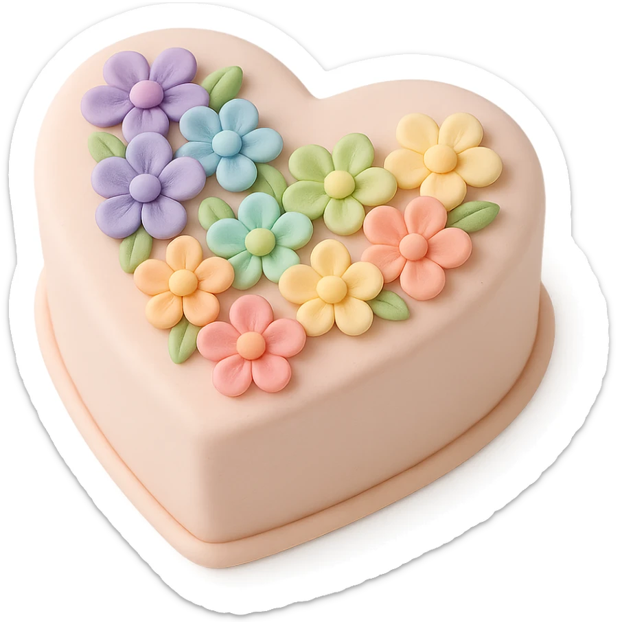 heart-shaped fondant cake decorated with rainbow flowers sticker