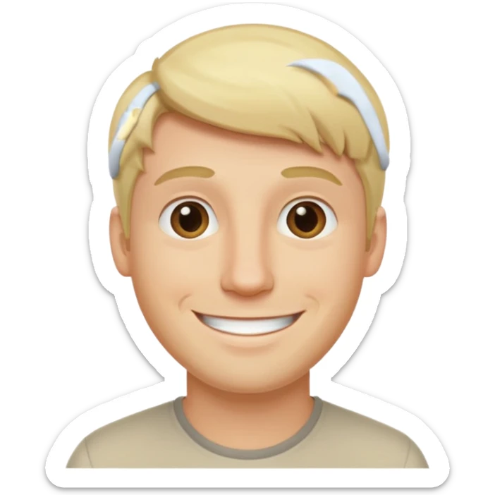 photorealistic emoji style portrait of a 29-year-old blonde man, smiling, neutral background sticker