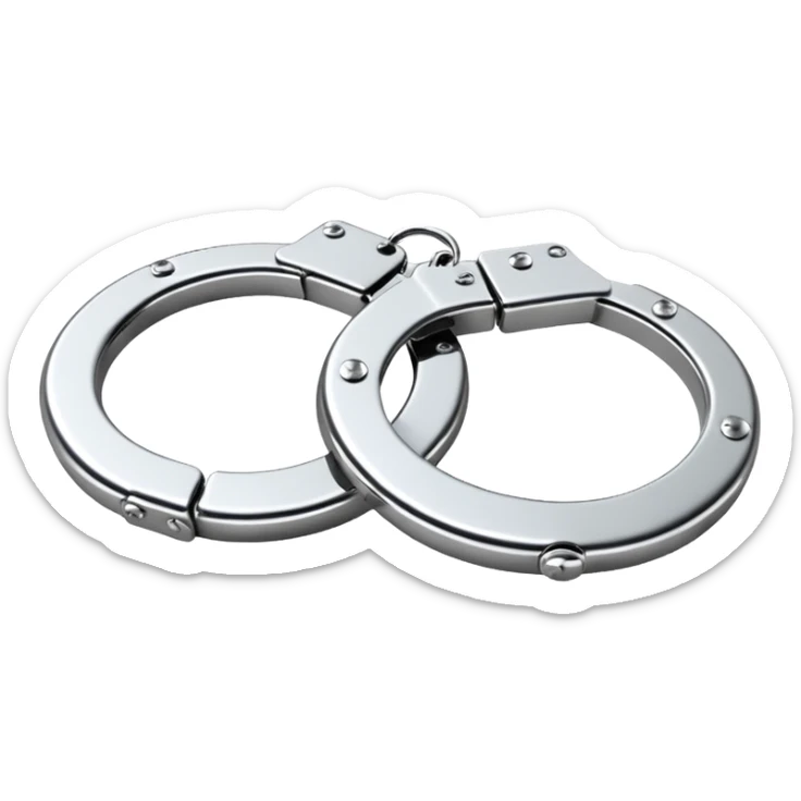 A pair of elegant handcuffs emoji made of silver chrome, smooth rounded design, glossy metallic reflections, luxury fetish aesthetic, minimal iOS emoji style, centered, clean white background sticker
