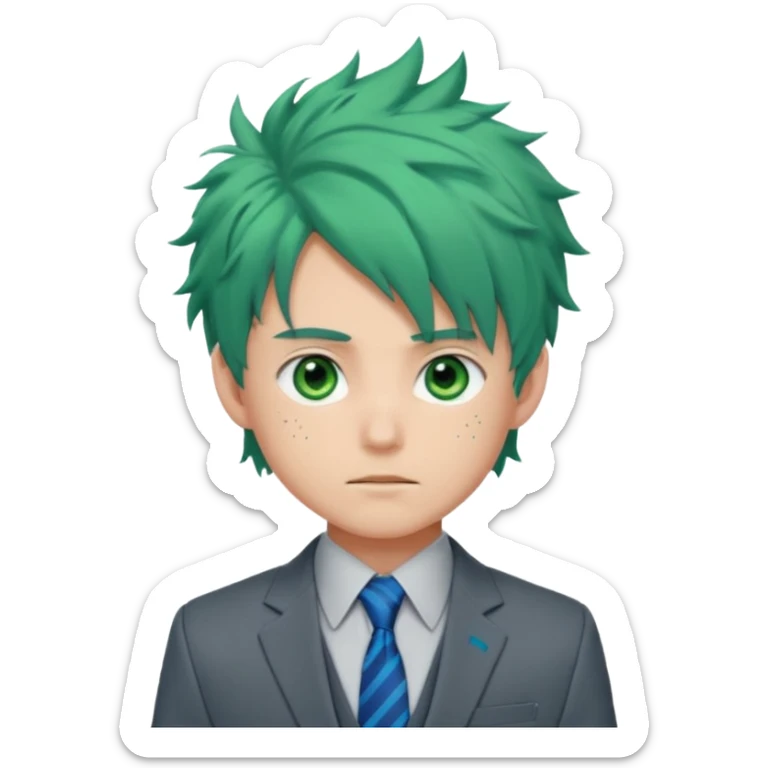 deku : boy anmie green hair green eyes in a ua gray jacket and blue tie suit with frenkles messy hair sticker