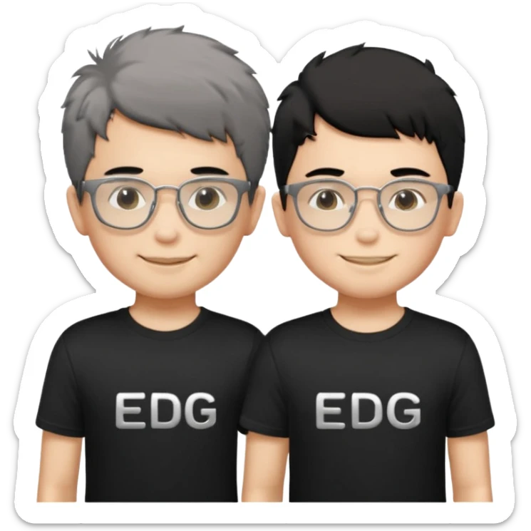 2 boys standing together. oner wearing black t-shirts with the letters 'EDG' fluffy short hair and silver rectangular glasses. the other one has black hair, smiled brightly, no glasses. the one who has no glasses is taller sticker
