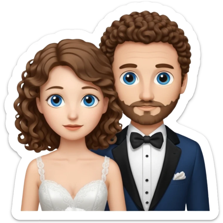 wedding couple, woman has long lightly curled brown hair and blue eyes, man has short light brown curly hair and facial hair with blue eyes sticker