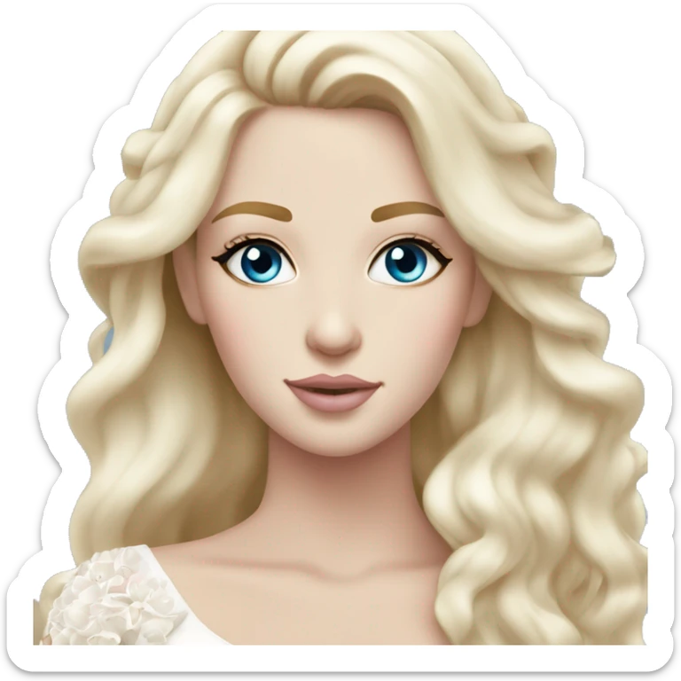 White bride with long light blonde hair and blue eyes with light pink peonies in hair white skin light pink lips sticker