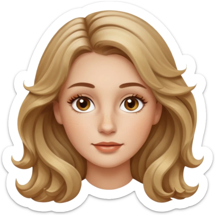 creative women with long dark Blond with highlights wavy hair white women, oval shape face hazel eyes long lashes little bit of freckles on the nose high cheek bones sticker