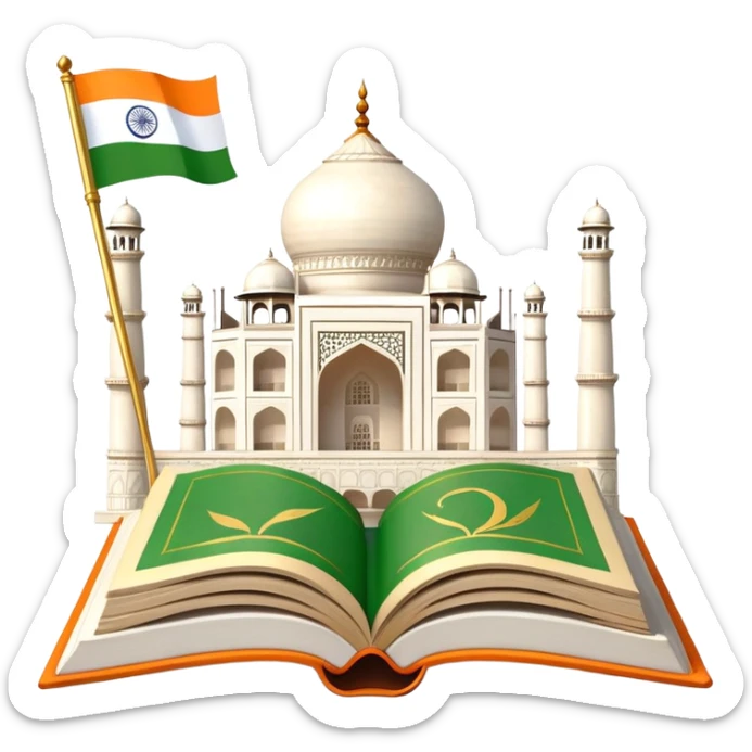 An icon featuring the Taj Mahal and the flag of India, symbolizing the Hindi language. The design includes an open book, representing language learning and cultural richness. Transparent background highlights the heritage of India. sticker