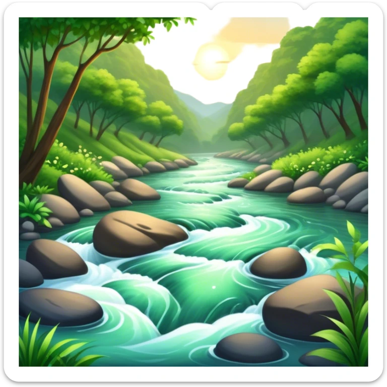 Cinematic Realistic River Emoji, Serene and flowing, with sparkling water meandering through lush greenery, surrounded by trees and rocks. The sun dances across the rippling surface, creating glimmering reflections while birds fly overhead. Soft glowing outline, capturing the essence of peacefulness and tranquility in a meandering river. sticker
