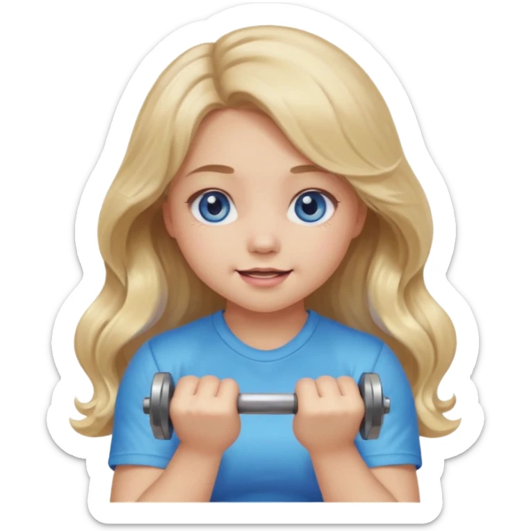 Kawaii emoji girl with big  blue glossy eyes, long wavy dirty blonde hair, happy expression, holding a dumbell, chubby cheeks, soft pastel colors, cozy and sweet aesthetic, clean background. sticker