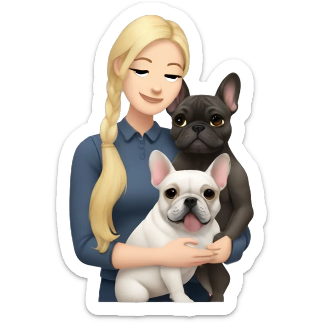  blonde woman hugging a brindle French bulldog and a dark gray french bulldog sticker