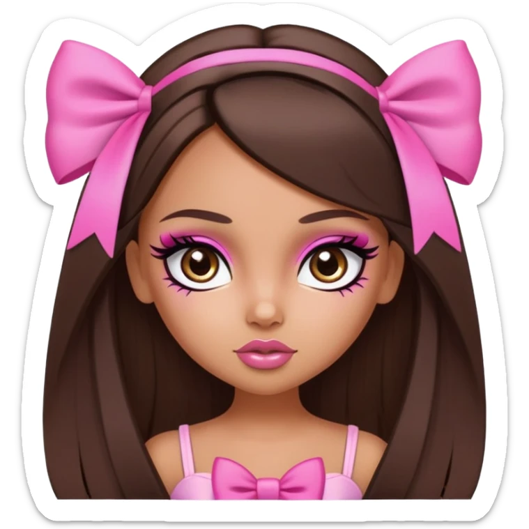 pretty bratz baddie, long straight hair brunette baddie with eyeliner and brown eyes and small pink bow sticker
