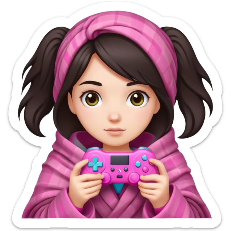 White girl with dark hair wrapped up in a blanket with a pink gaming controller in her hands sticker