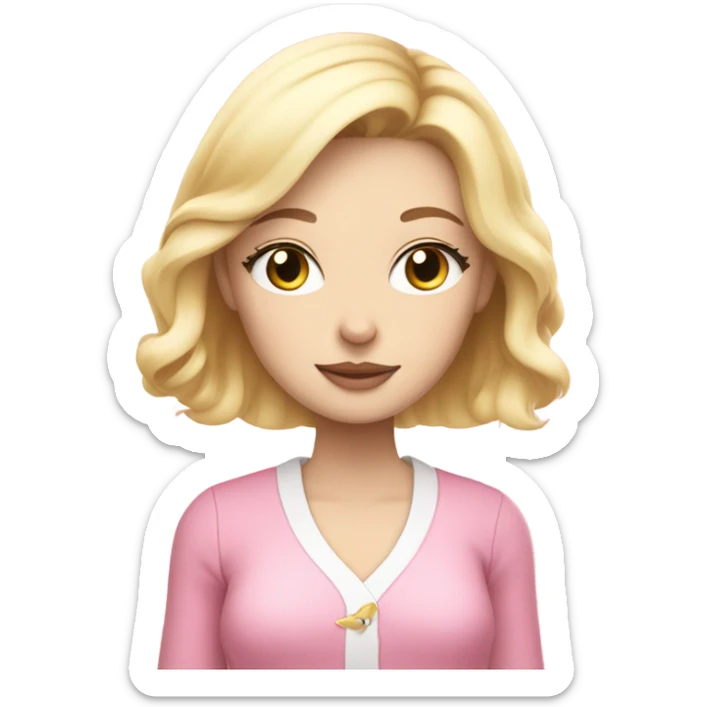 A prety blond girl with long pretty lashes, with pink clothes, holding a white furry cat while closing her eyes sticker
