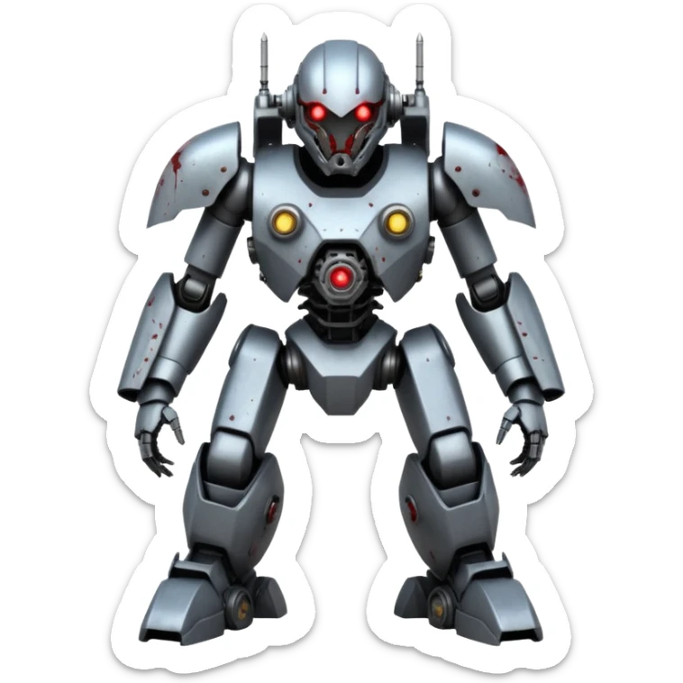 An all Grey metal evil mega zord tech bot with blood and glowing eyes in the style of your bleeding skull art, full body, rushed and worn from surviving the apocalypse, mostly Grey but splattered with blood, in a futuristic steam.punk cyber punk style standing forward sticker