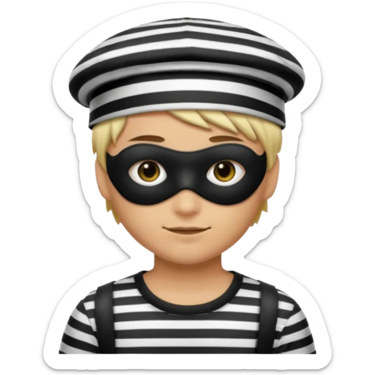 Realistic ios emoji-style portrait of a classic burglar, a black eye mask and a black-and-white striped shirt. Highly detailed, natural skin texture, soft cinematic lighting, realistic shadows, smooth gradients, clean outline, glossy reflections in the eyes. emoji-like hair, burglar’s hat  sticker