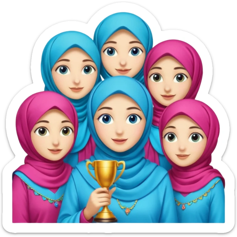 Turkish beautiful finish Konya girls blue eyes with party design hijab long tail dress and the friends have a championship with party details  sticker