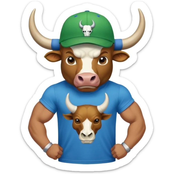 a bull wearing a green cap leveled WAGMI and wearing a blue t shirt and WAGMI designed with bulls skull and horn sticker