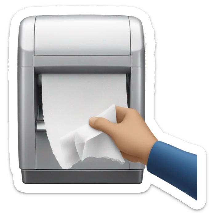 Picture: a man's hand pulls a white paper napkin out of the opening of a plastic dispenser sticker