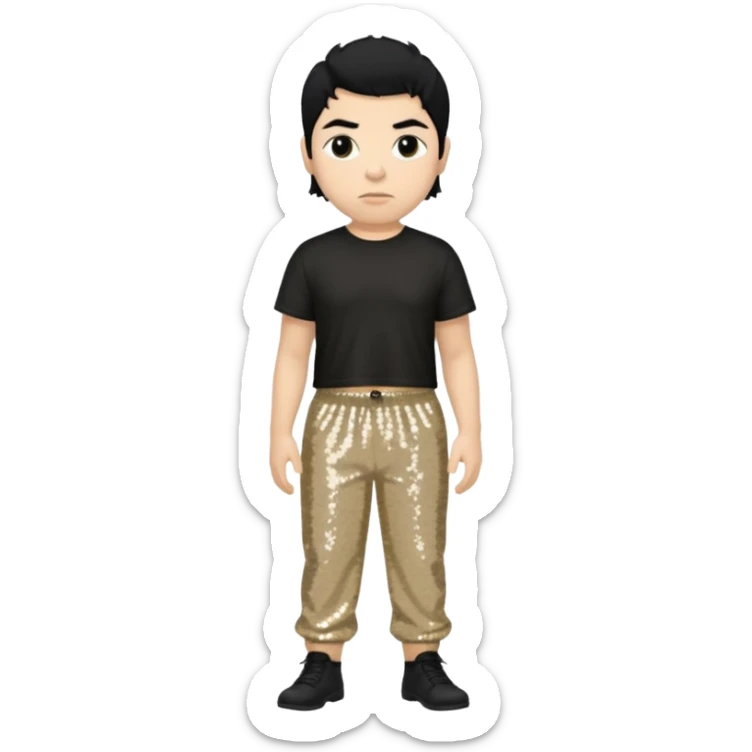 Chino Moreno with black hair, black sequin crop top, beige sequin baggy pants sticker