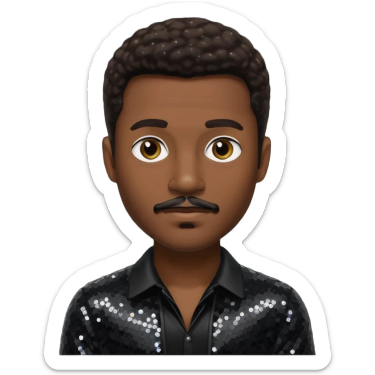 Durand Bernarr with dark brown hair and short mustache, black sequin outfit sticker