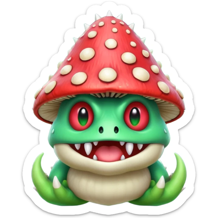 poisonous mushroom monster portrait, head and shoulders only, animal-like creature, mushroom cap head with spikes, toxic green glow, beast-like eyes, furry neck details, monstrous but cute fantasy vibe, 3D cartoon, mobile game icon style, clean background, no text, no watermark

 sticker
