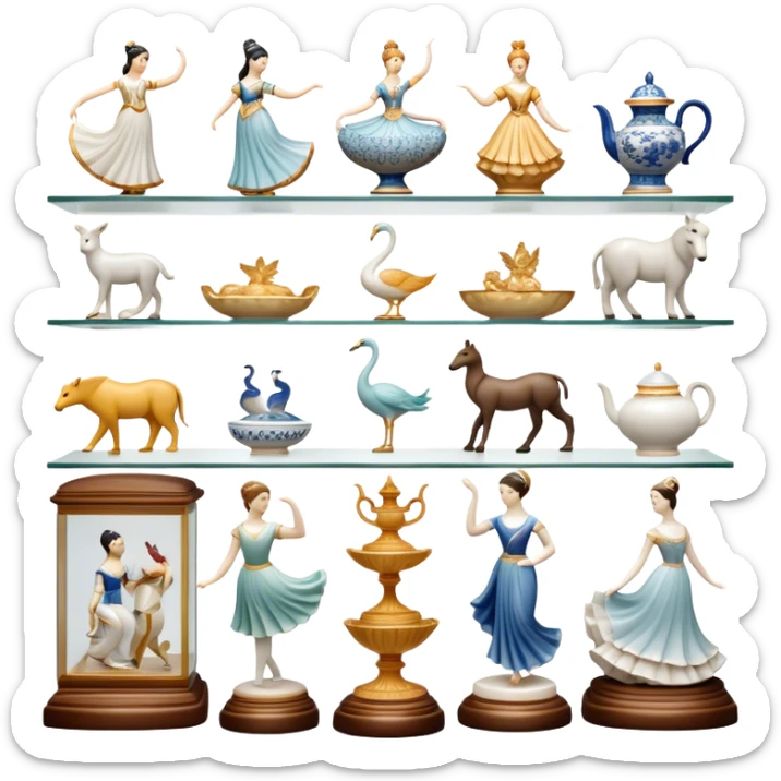 Icon for Porcelain Figurine Collecting: a collection of delicate porcelain figurines, such as animals, dancers, and historical characters, displayed on a shelf or in a display case. The icon should convey the elegance and artistry of collecting porcelain statues. Transparent background. sticker