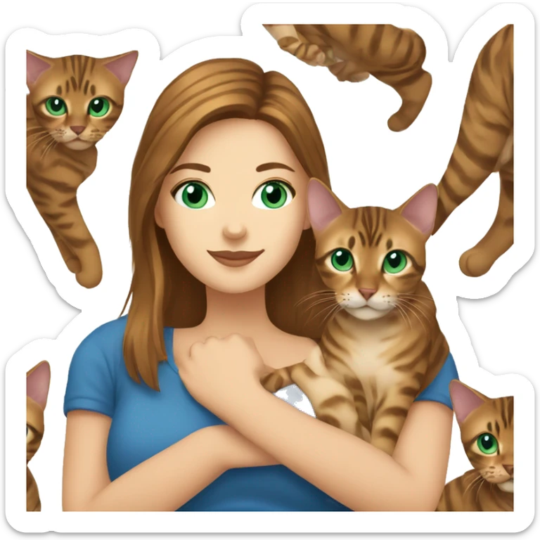 a beautiful girl with green eyes and brown hair is holding a Bengal cat with blue eyes in her arms sticker