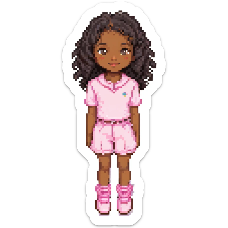pixel art of a brown-skinned girl with black curly mid-length hair, wearing a cute pink outfit sticker