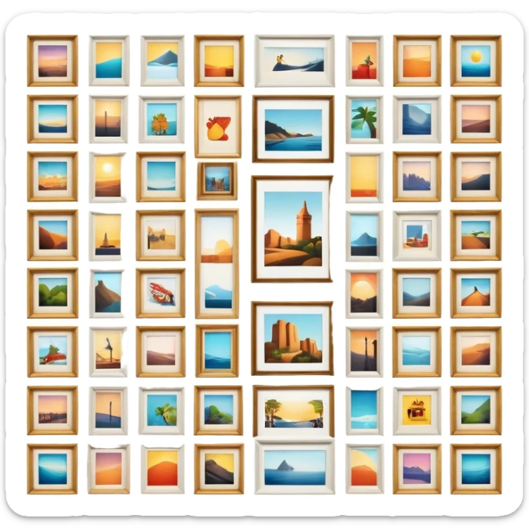 Icon for Photograph and Poster Collecting: a collection of photographs and movie posters, neatly displayed on a wall or in frames. The icon should evoke the nostalgia and artistic value of collecting rare images and posters. Transparent background. sticker